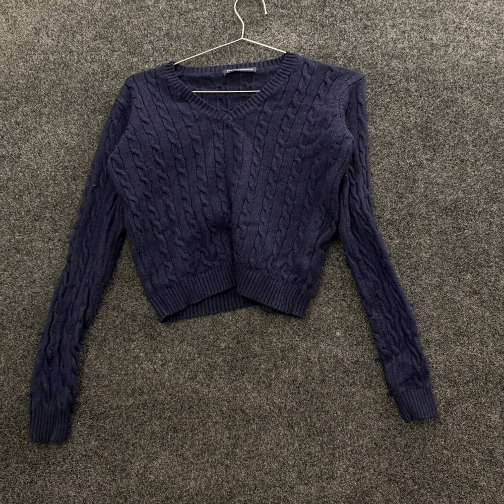 Brandy Melville Navy Blue Cable Knit V-Neck Wool Cashmere Blend Cropped Sweater